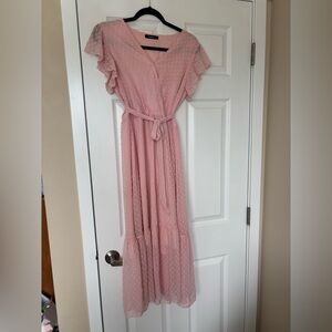Pink Swiss Dot Wrap Maxi Dress with Tie Waist